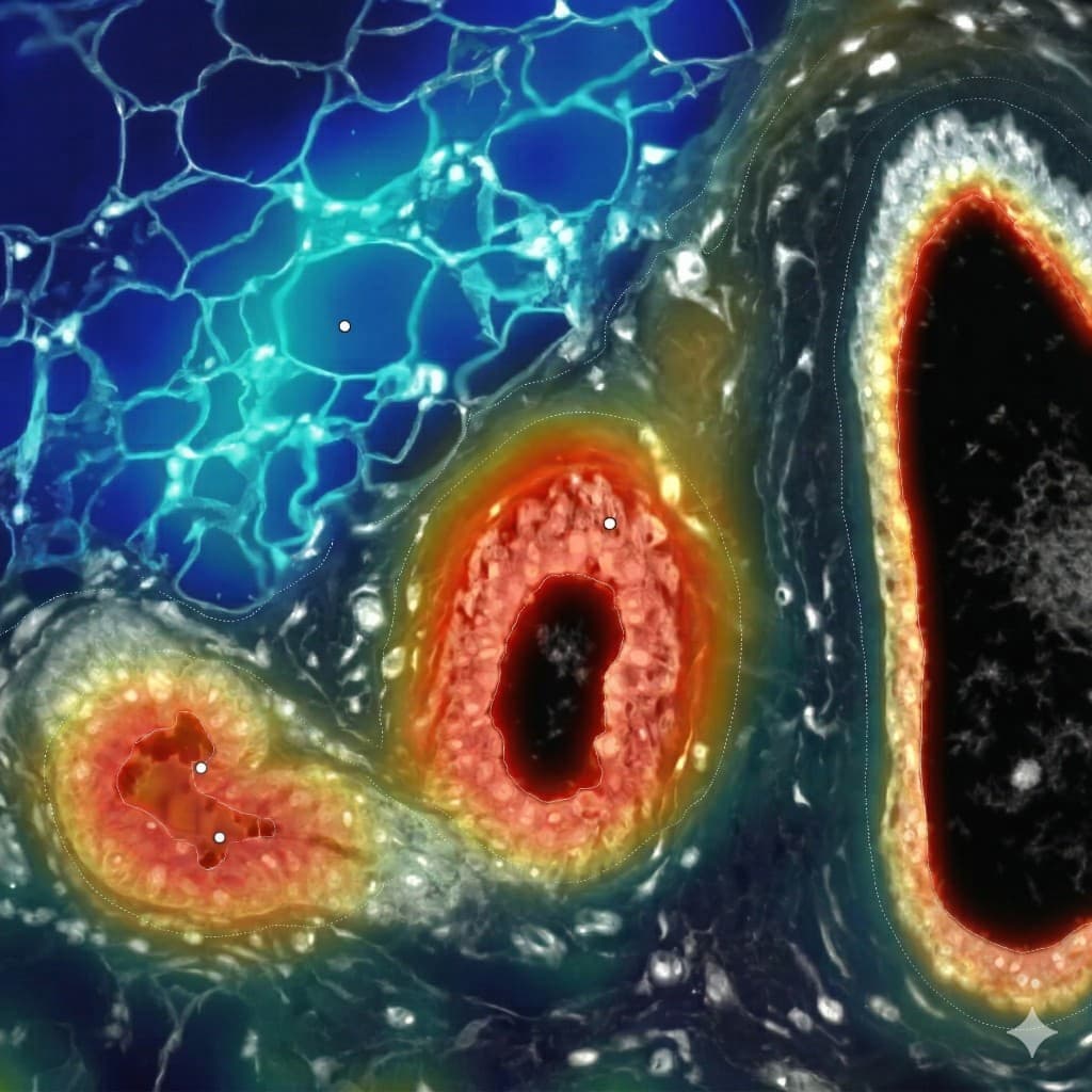 AI-heatmapped micrograph showing enzyme co-clustering patterns in DCIS tissue